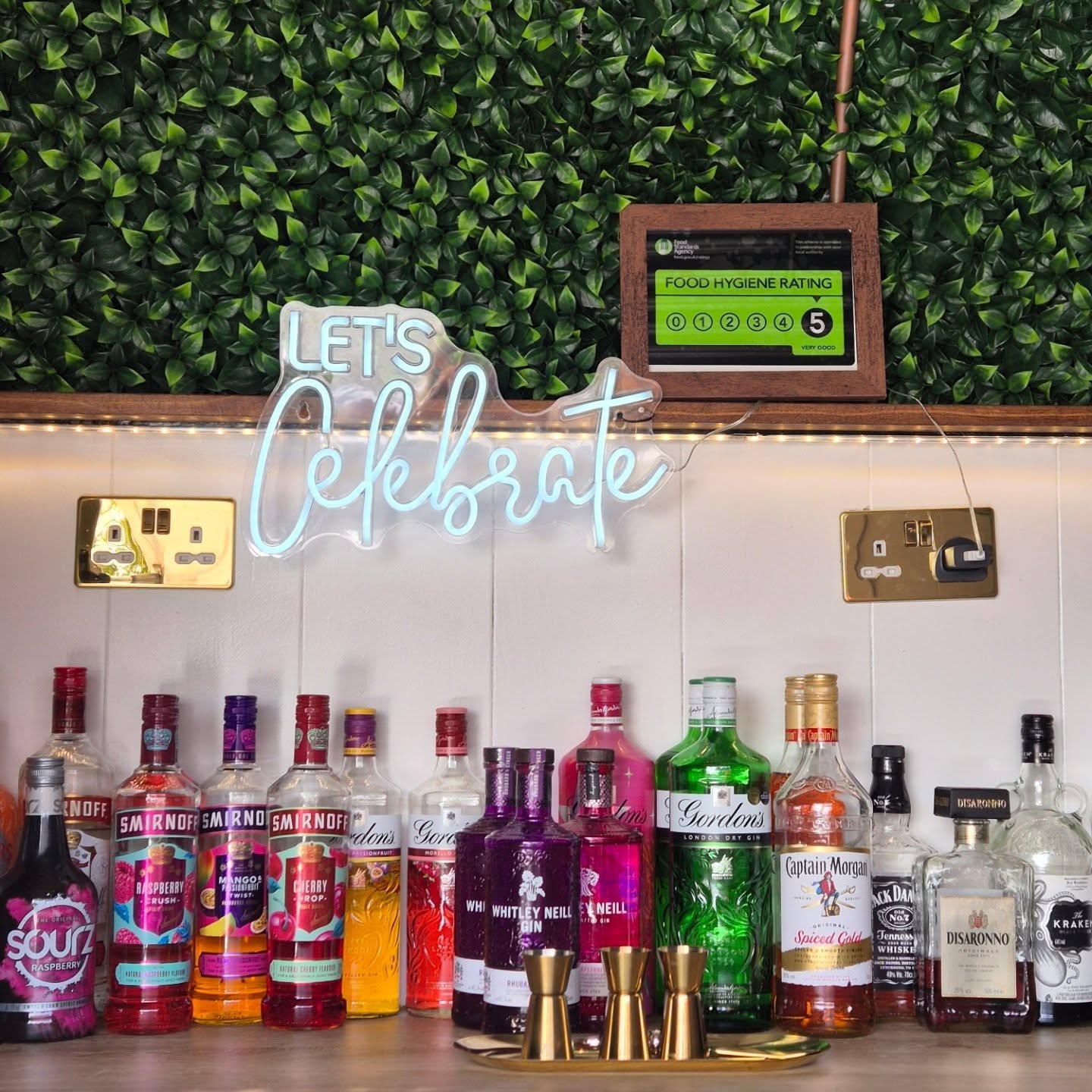 Shake & Sip bar bottles and Let's Celebrate sign